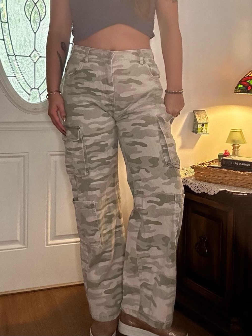 Cotton On Beige & Olive Camo Wide Leg Cargo Pants